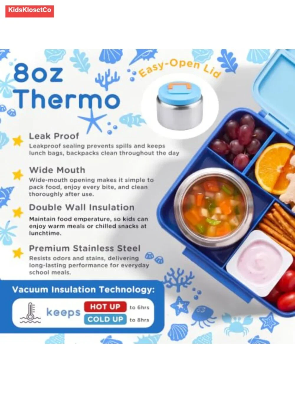 Bento Lunch Box for Kids with 8oz Thermos, Leak-Proof, BPA-Free, Dishwasher
